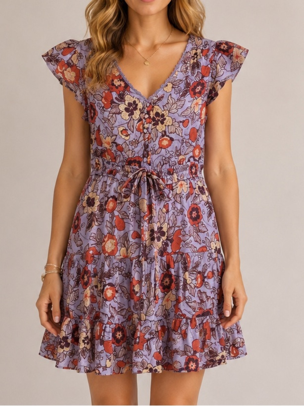 Indigo Rose Floral Mini Dress Purple Boho Flutter Sleeve Tiered Medium